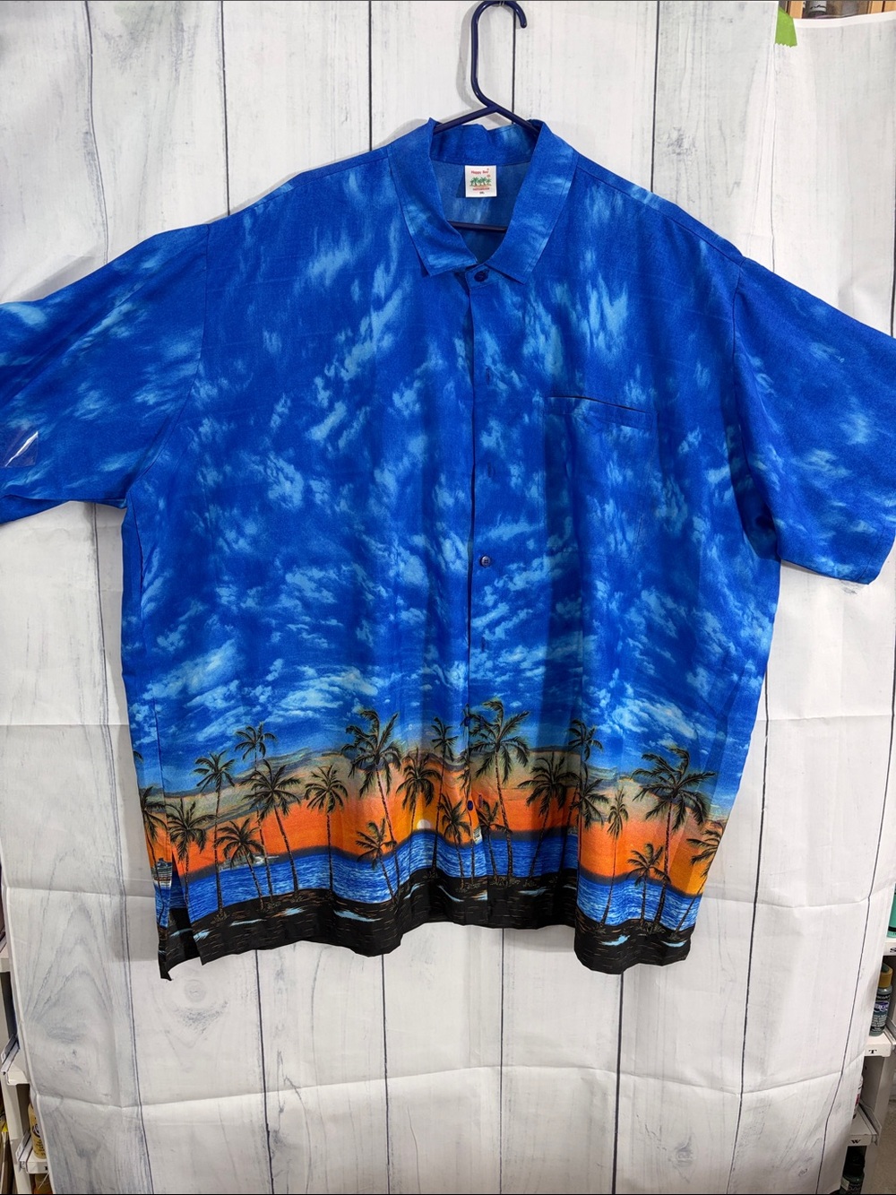 Men's Tropical Short-Sleeve Button-Down Shirt - Blue Sunset Palm